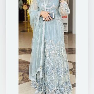 Elegant Embroidered Sheer Lengha 3 piece (top, pants, scarf)